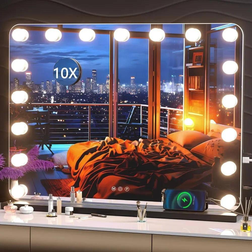 

%a Vanity Mirror with Lights, 31.5" x 23.6", Mirror with 17 Dimmable Bulbs and 10X Magnification, 3 Colors Modes, Touch Control