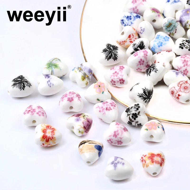 20pcs/lot 12x13mm Heart Shape Flower Patterns Ceramic Porcelain Loose Crafts Beads lot for Jewelry Making DIY Accessories