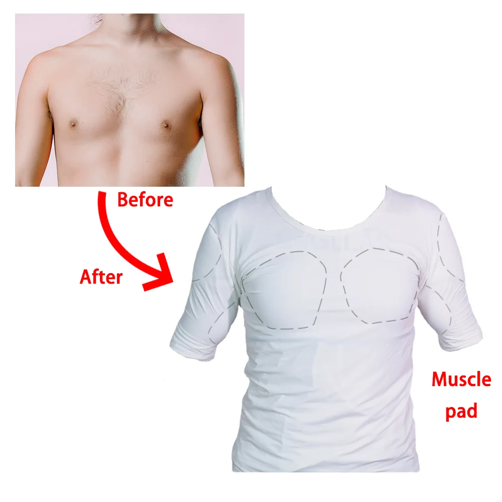 Man 3D Body Shaper Fake False Muscle Chest T-Shirt Sponge Shoulders Padded Underwear Compression ABS Anime Cosplay Costume