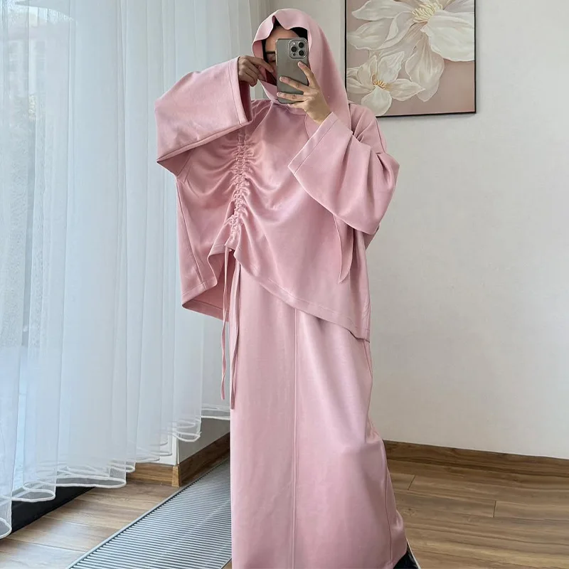 

Весенне-осенний однотонный комплект из плиссированного топа и юбки с длинным светом, женский ансамбль Faion Long Dr Code, европейский Sle для взрослых