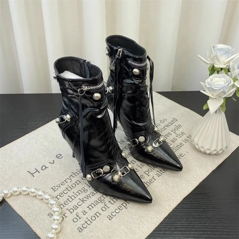 

Pointed Toe Studded Ankle Boots Black Side Zipper Fashion Boots Punk Style High Heel