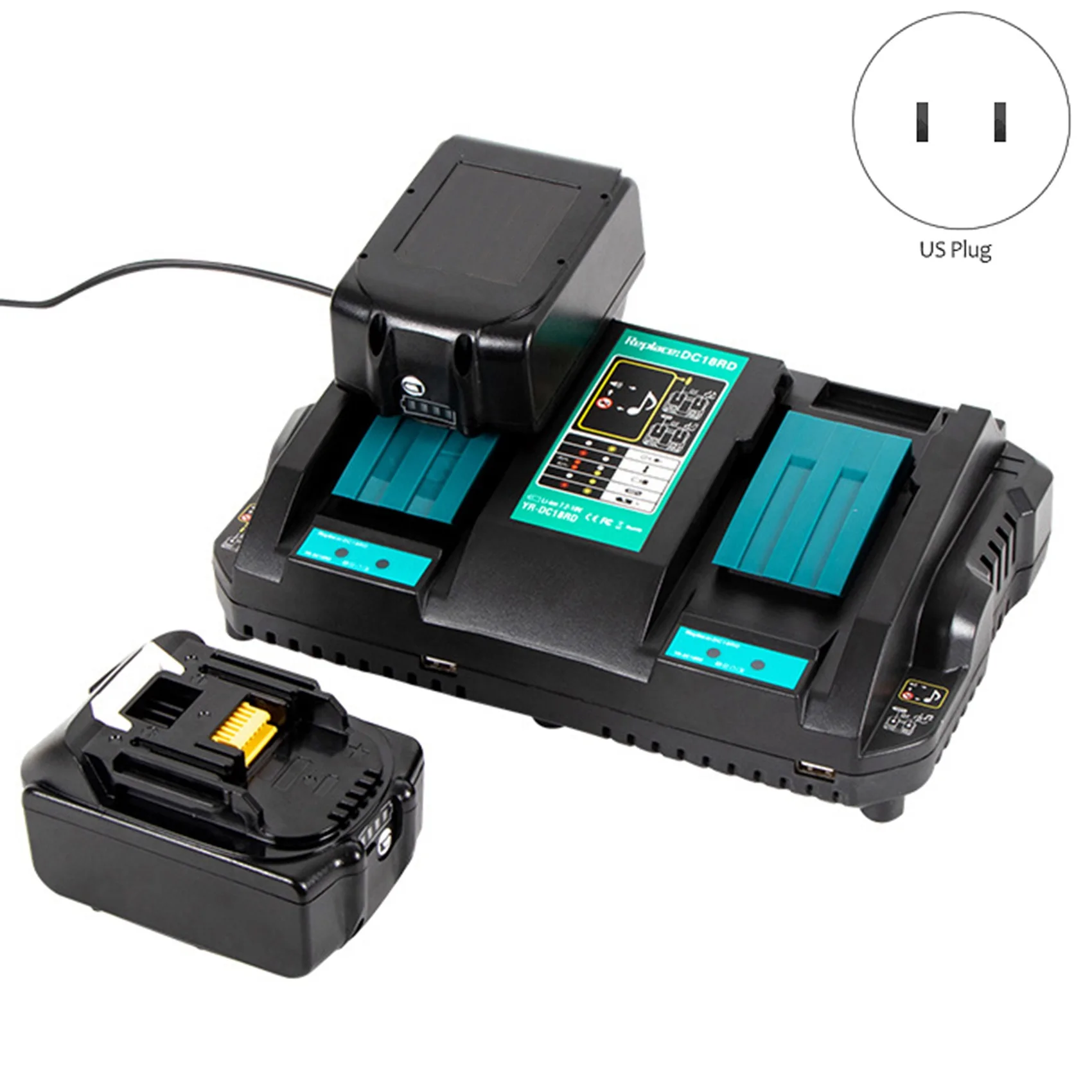 Suitable for Makita with USB Charger DC18RD Double Charge 6A Fast Charge 18V Lithium Battery Power Tools(US Plug)