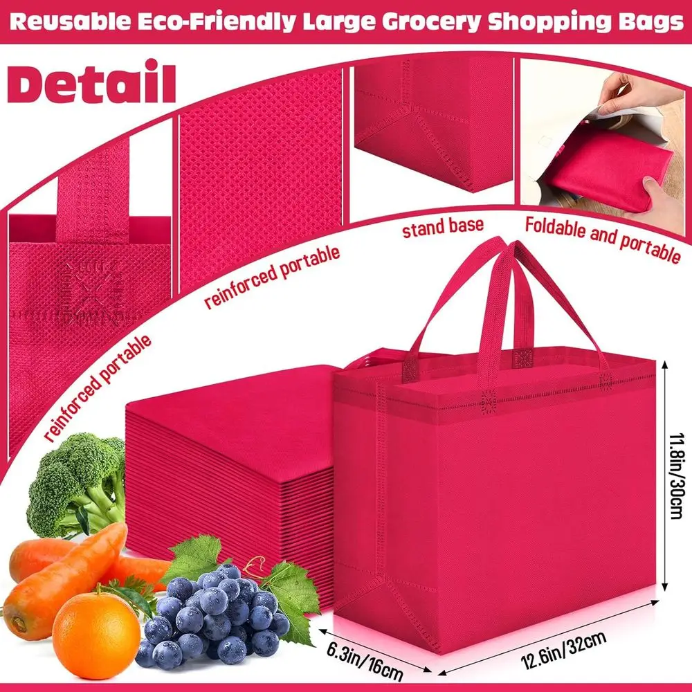 Grandes sacolas não tecidas dobráveis para compras de supermercado, 12,6x11,8x6,3 polegadas, pacote em massa