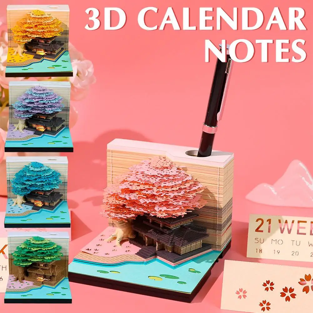 

3D Sakura Light Edition Office Desk Notepad, Creative Gift Paper Notepad Sculpture Carving DIY Home Desk Gift Office W4H1