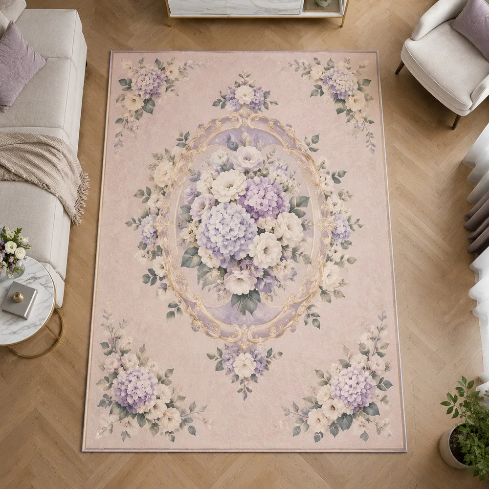 VIKAMA Floor Mat Lotus Pink Hydrangea Lisianthus Cluster Aesthetic Non Slip Side Table Bedroom Dining Room Balcony Room Decor