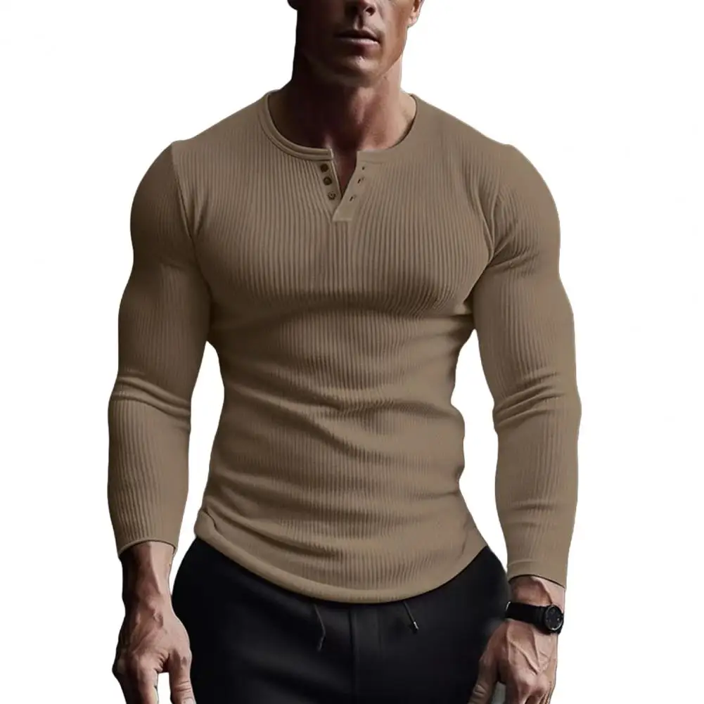 Spring And Autumn Men Up Buckle V-neck Slim-fit Elastic T-shirt Long-sleeved Pullover Sports Gym Street Wear