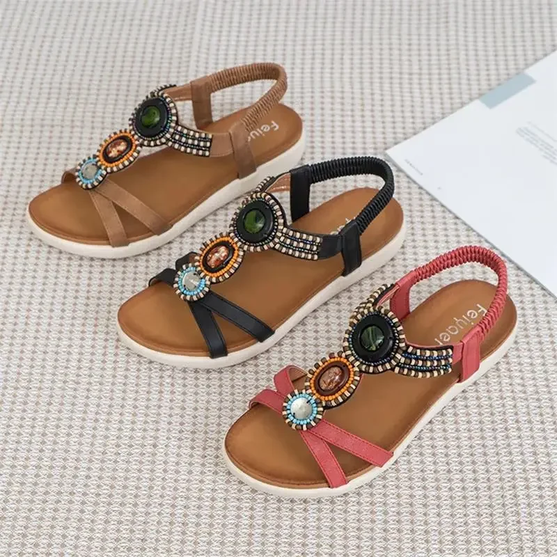 summer new woman sandals Bohemia beaded soft bottom leisure large size women shoes fashion flat sandals 39 40 41 42