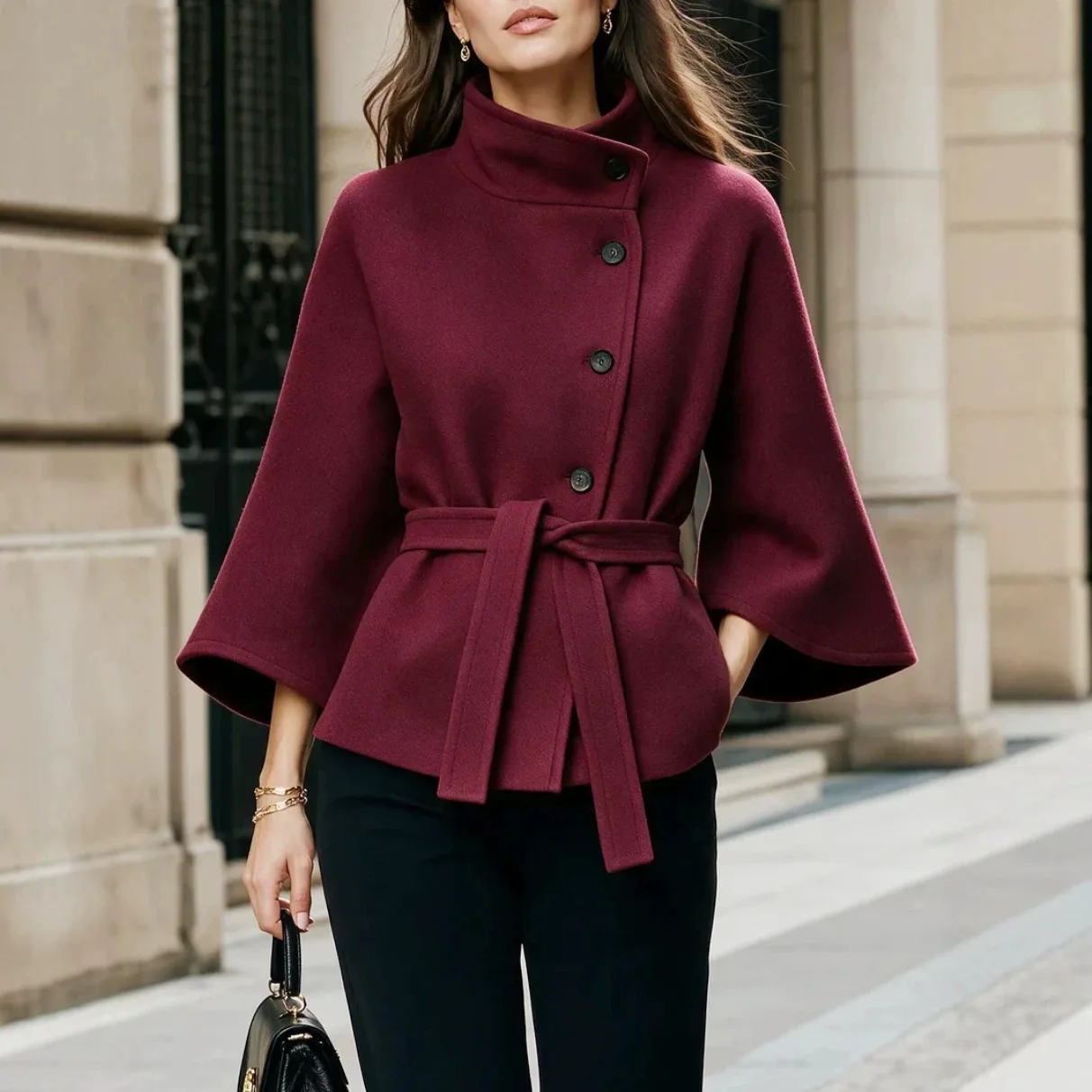 Stand Collar Asymmetrical Button Tie Waist Cinching 3/4 Sleeves Autumn Elegant French Women's Autumn Office Commuting Retro Coat