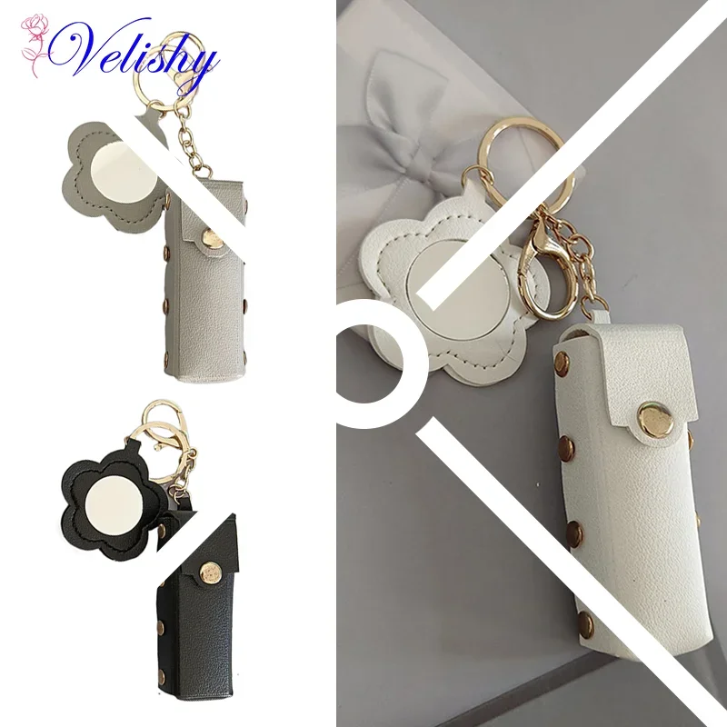 

Portable Leather Lipstick Pouch Keychain Bag Charm Creative Lipstick Protective Cover With Mirror Backpack Decoration Gift