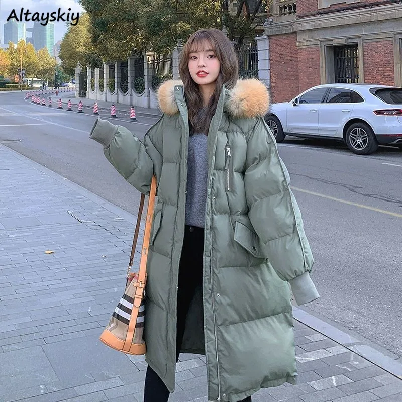 

Elegant Warm Medium-long Style Parkas Women Fashion Thicker Korean Loose Pockets High Street Female Winter Hooded Outerwear