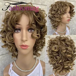 Fashiomag Medium Fluffy Curly Wavy Wigs Synthetic Hair Blonde Brown Mix Women Natural Daily Wigs