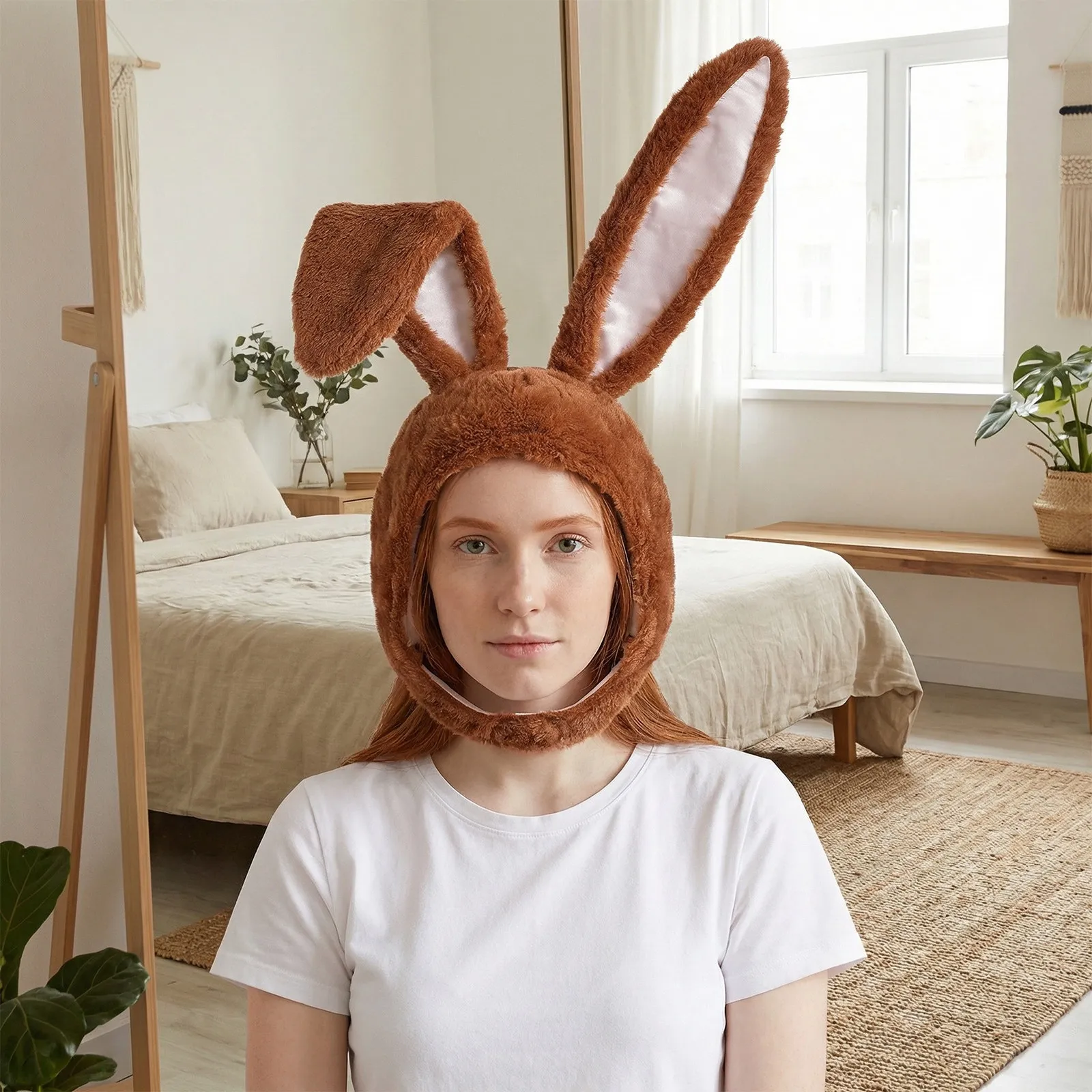 Gorro de conejo con orejas de conejo para mujeres y niñas, accesorio para fotos de fiesta, sombrero de dibujos animados resistente al desgaste, color marrón