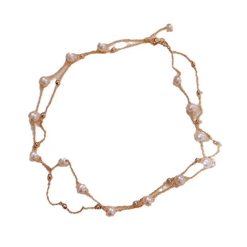 

Handmade Gypsy Pearl Necklace Double Layer Stacked Light Luxury Pearl Collarbone Chain Female