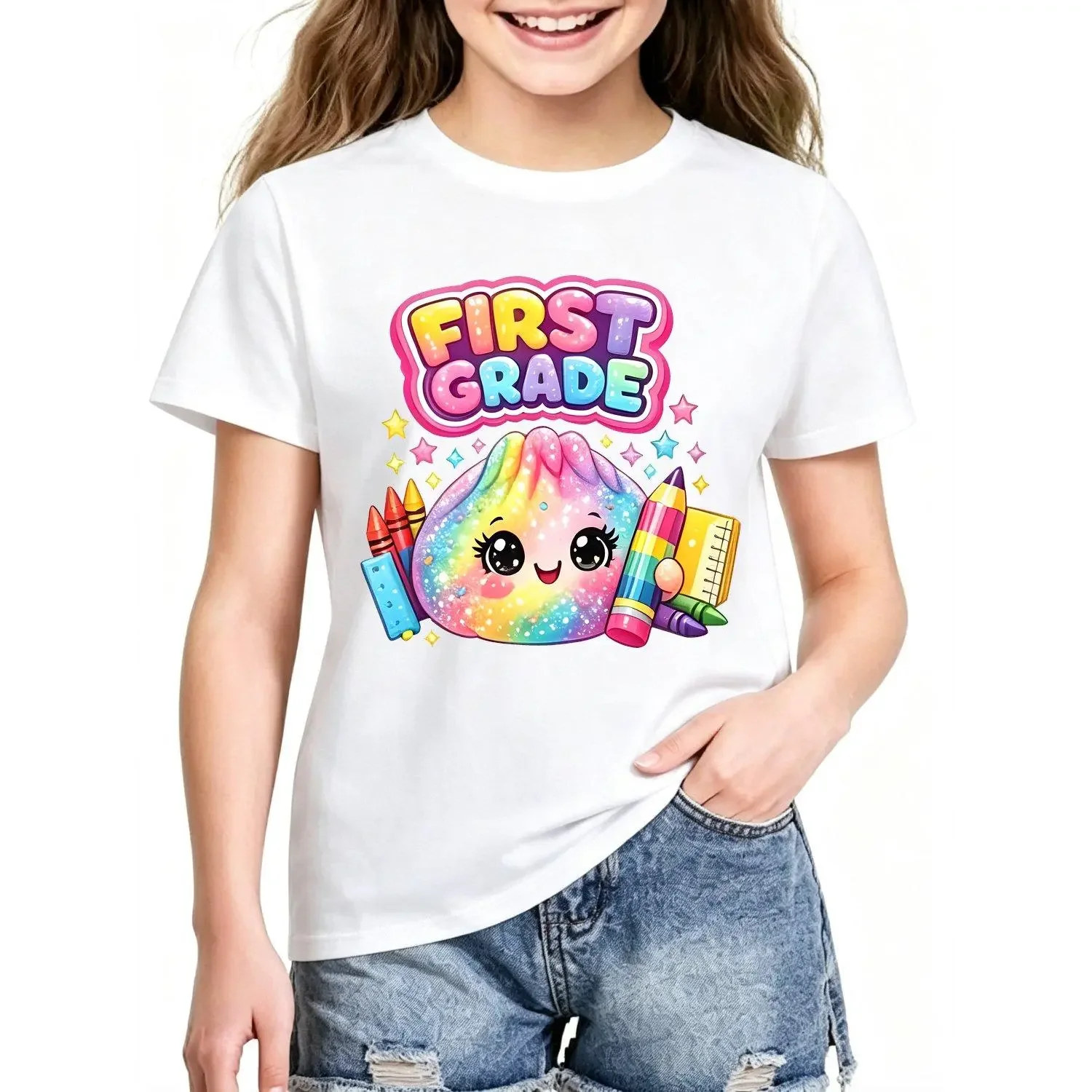 First Grade Back to School Rainbow Glitter Dumpling Print Short Sleeve Girls T Shirt Top Tee for Kids Youth Casual Style