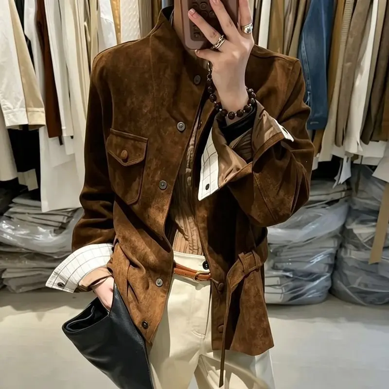 Women's Vintage Suede Jacket Utility Workwear Coat with Belt Lapel Long Sleeve Autumn Winter Outerwear
