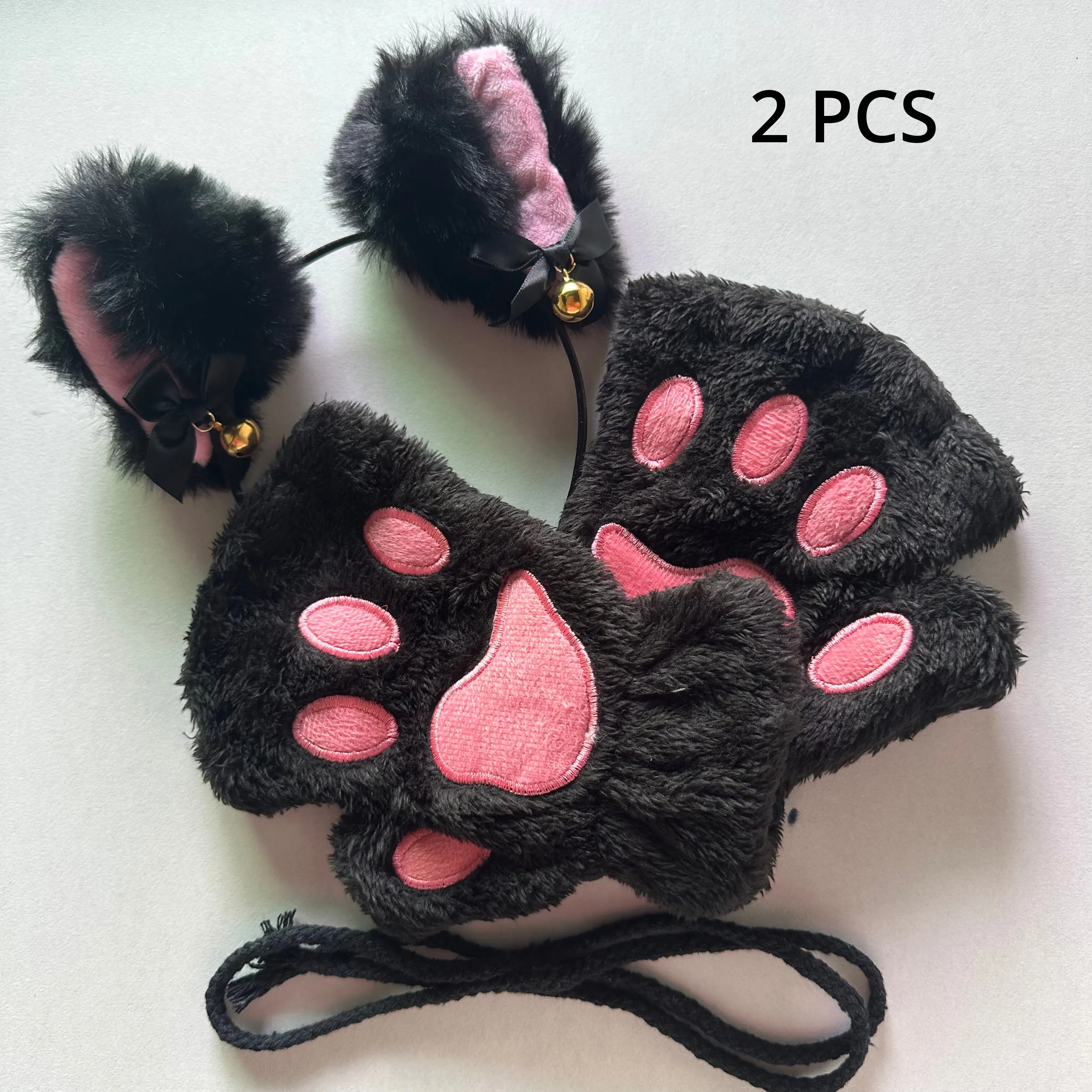 2Pcs Sets Cat Paw Gloves Winter Cute Cartoon Girl Open Finger Gloves Bell Headband Fox Cat Ear Headwear