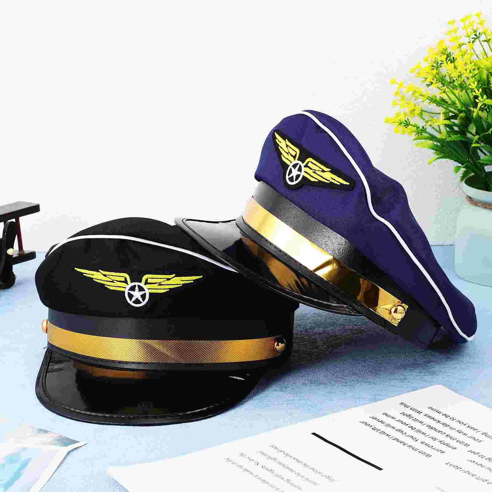 2 Pcs Flight Attendant Pilot Hat Aerospace (Blue + Black) 2-pack Captain Stewardess Cosplay Accessory Polyester