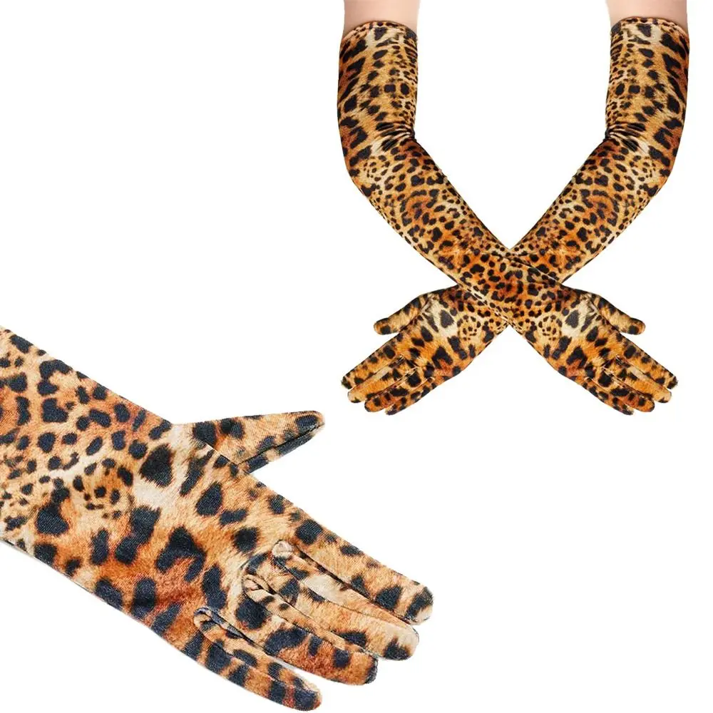 Gold Velvet Long Gloves Funny Leopard Print Full Finger Clubwear Mittens Punk Makeup Party Dinner Dress Gloves Halloween