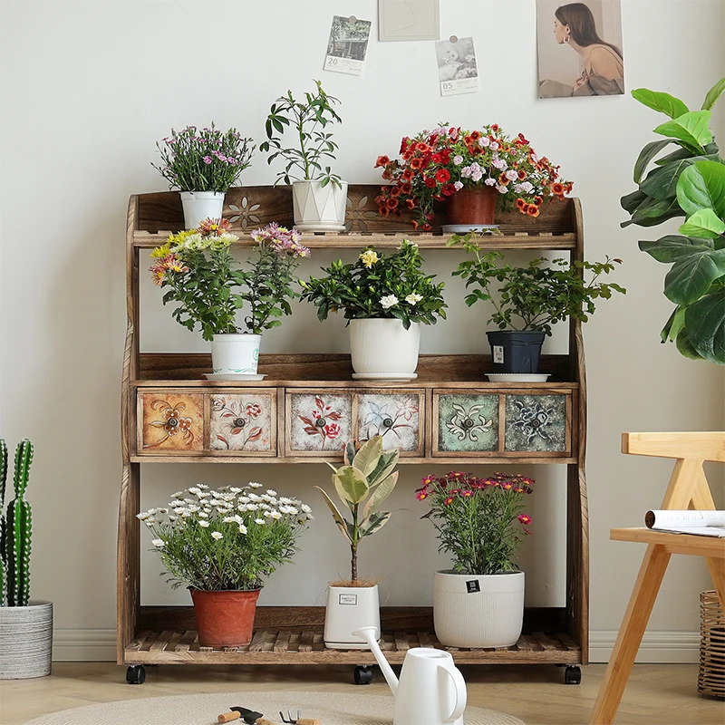 

Flower rack Shelf Flower rack Living room Floor-to-ceiling mobile solid wood multi-layer plant succulent flower pot ladder rack