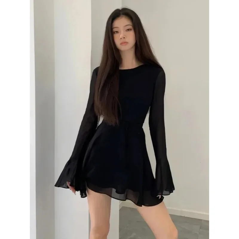 

2024 New Backless Black Dress Women Elegant Back Hollow Out Lace-up Long Sleeve Mesh Patchwork Sexy Slim Ruffle Mini Dress Party