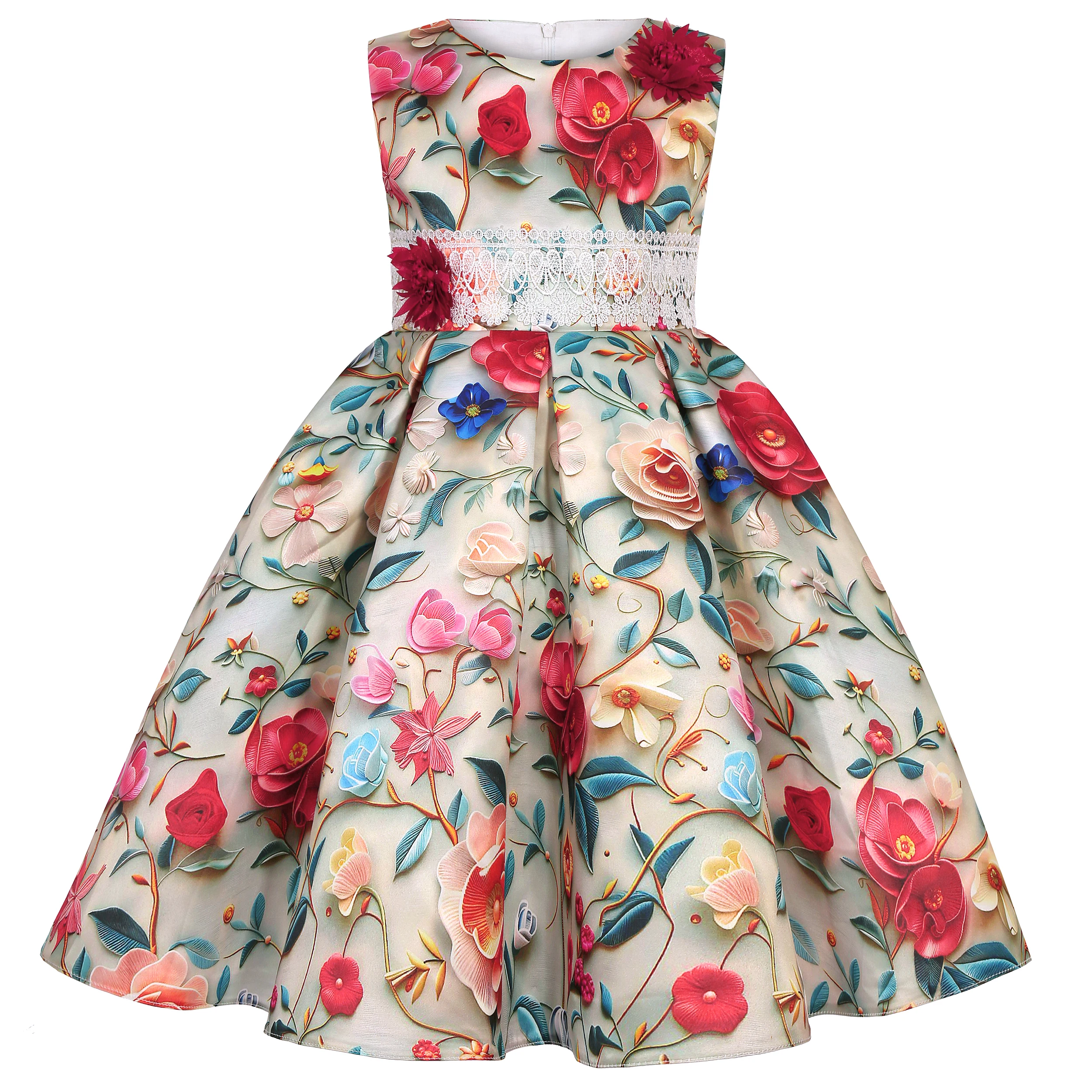 Bedrucktes Spitzengürtelkleid, Prinzessinnenkleid, Ballkleid für Geburtstagsfeier, Hochzeitskleid, Blumenmädchenkleid