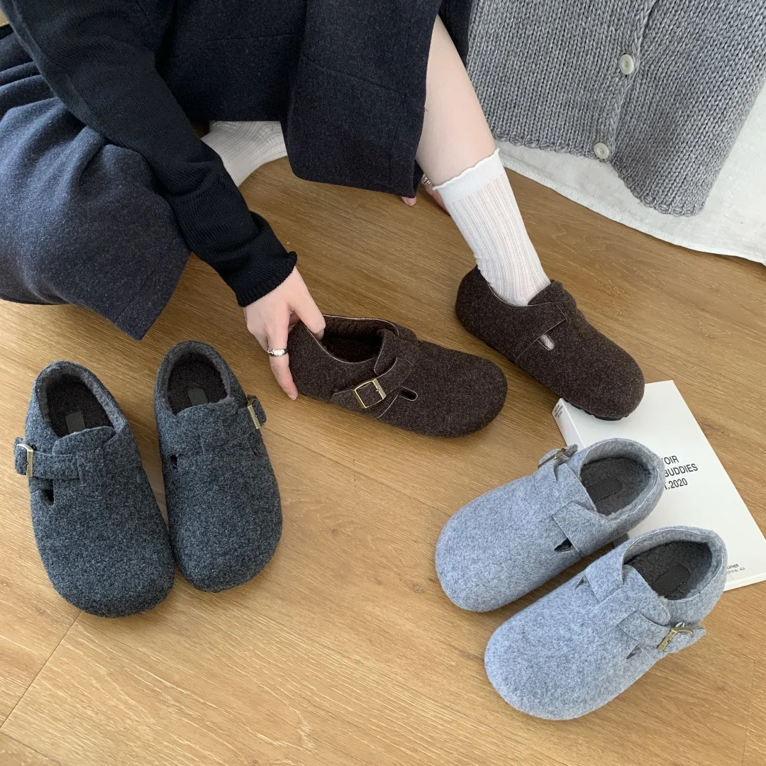 حذاء بدون كعب للنساء بإبزيم حذاء بمقدمة مستديرة مصمم مريح حذاء مسطح مسطح شتوي دافئ حذاء ماري جين zapatos mujer