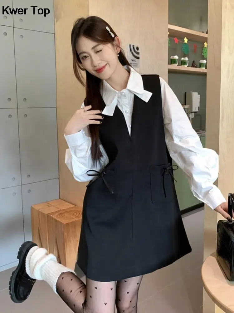 Woman Casual Black Short Dresses 2 Piece Set Spring Elegant Long Sleeve White Shirt Outfits Korean Loose Female Clothes Suit