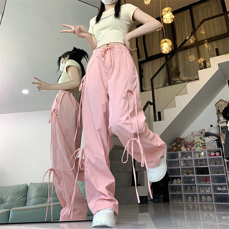 Straps American Style Cargo Pants Woman New Loose Solid Hip-hop Drawstring Straight Leg Leggings Casual Pants Women