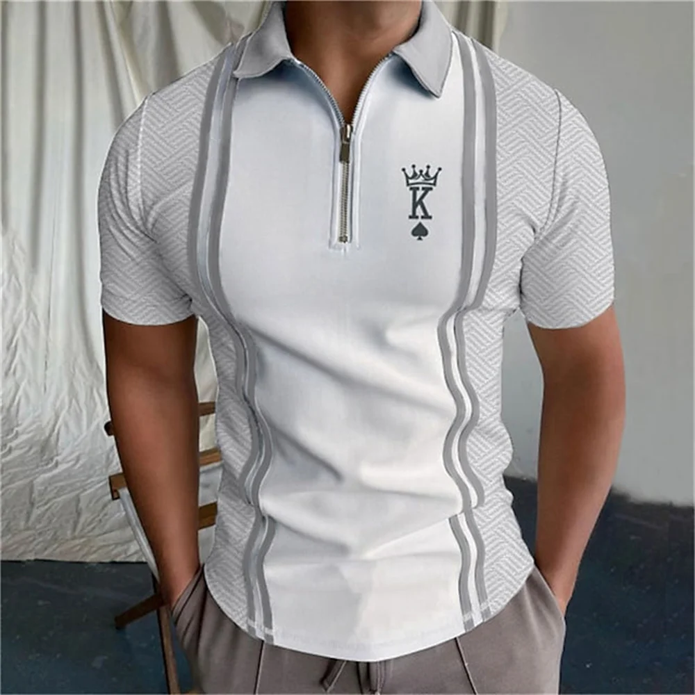 Camisetas de póker para hombre, Camisa lisa de manga corta con cuello vuelto, con cremallera y letras de Golf, holgada y transpirable