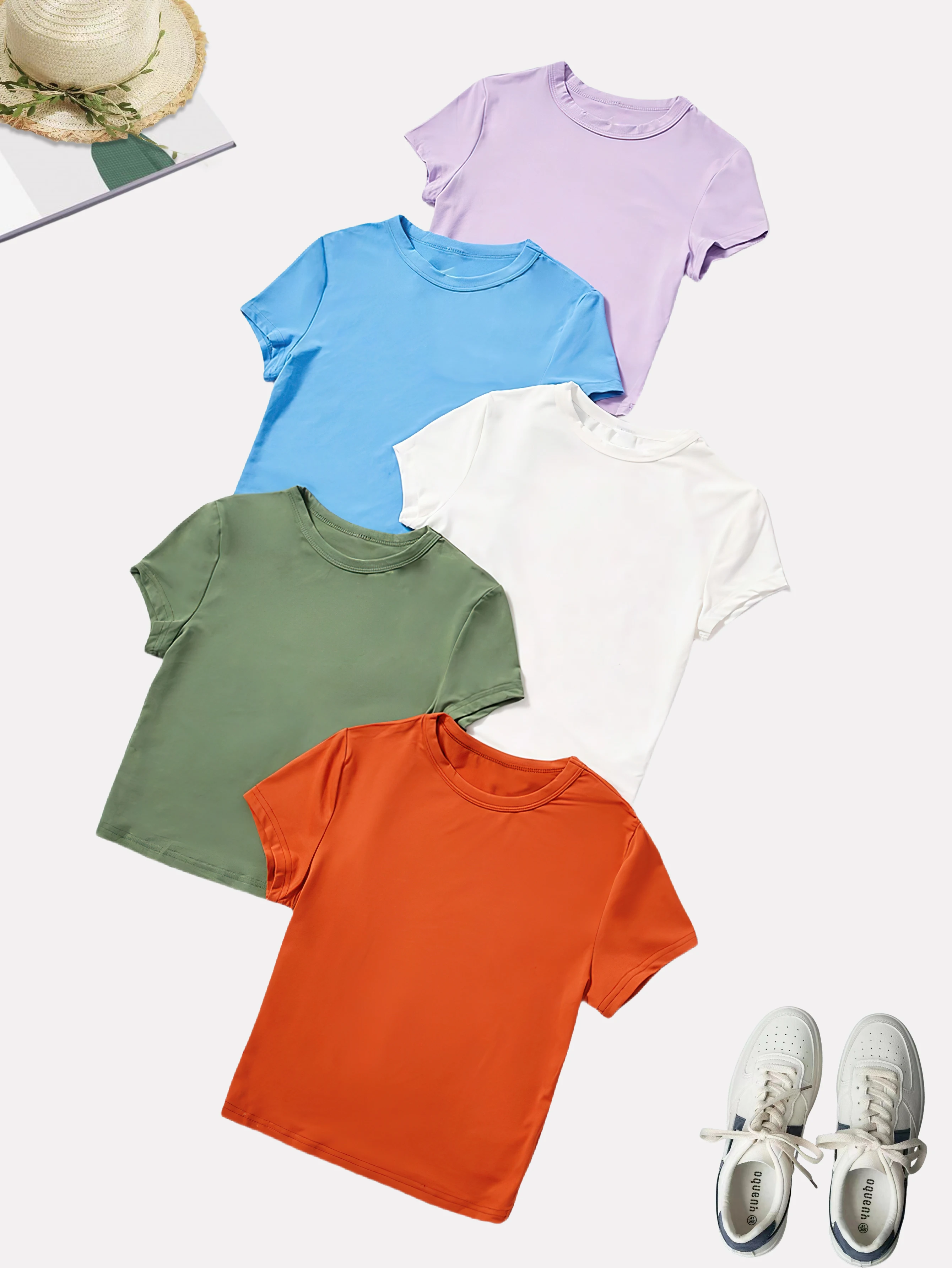 

Весна, лето и осень, новый стиль, женская мода, однотонные женские футболки с круглым вырезом и короткими рукавами, набор из пяти штук