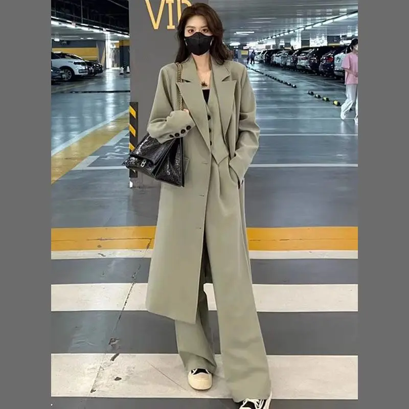 2-A5 Loose high-end suit for women in autumn big-name solid color single-breasted ide-leg pants three-piece set women\'s coat wi