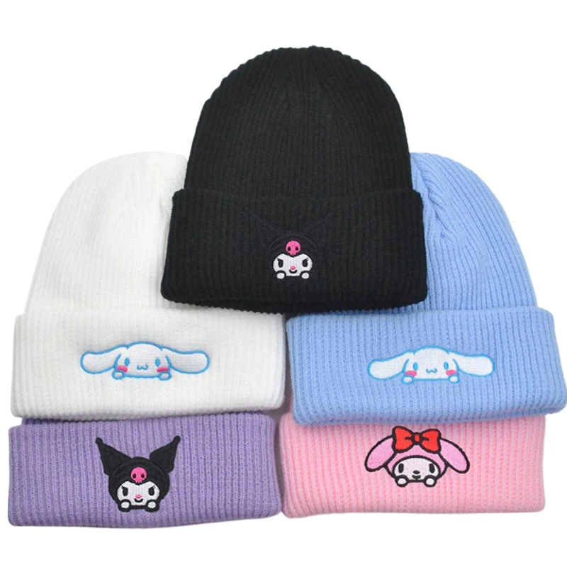 Sanrio Kuromi Unisex Cotton Cartoon Embroidered Casual Hats Knitted Winter Hat Hard Hip Hop Skull Bonnet Hat For Women