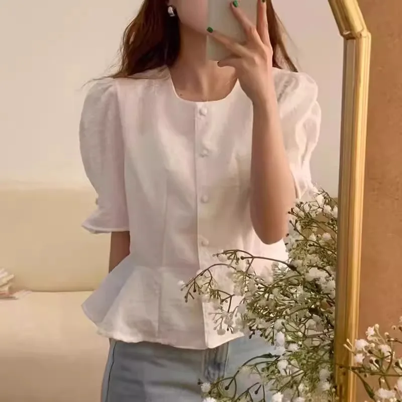 

Oversize O-neck Single Breasted Blouses Sweet Ruffles Flare Sleeve Shirt Women 2025 Summer New All-match Blusas De Mujer