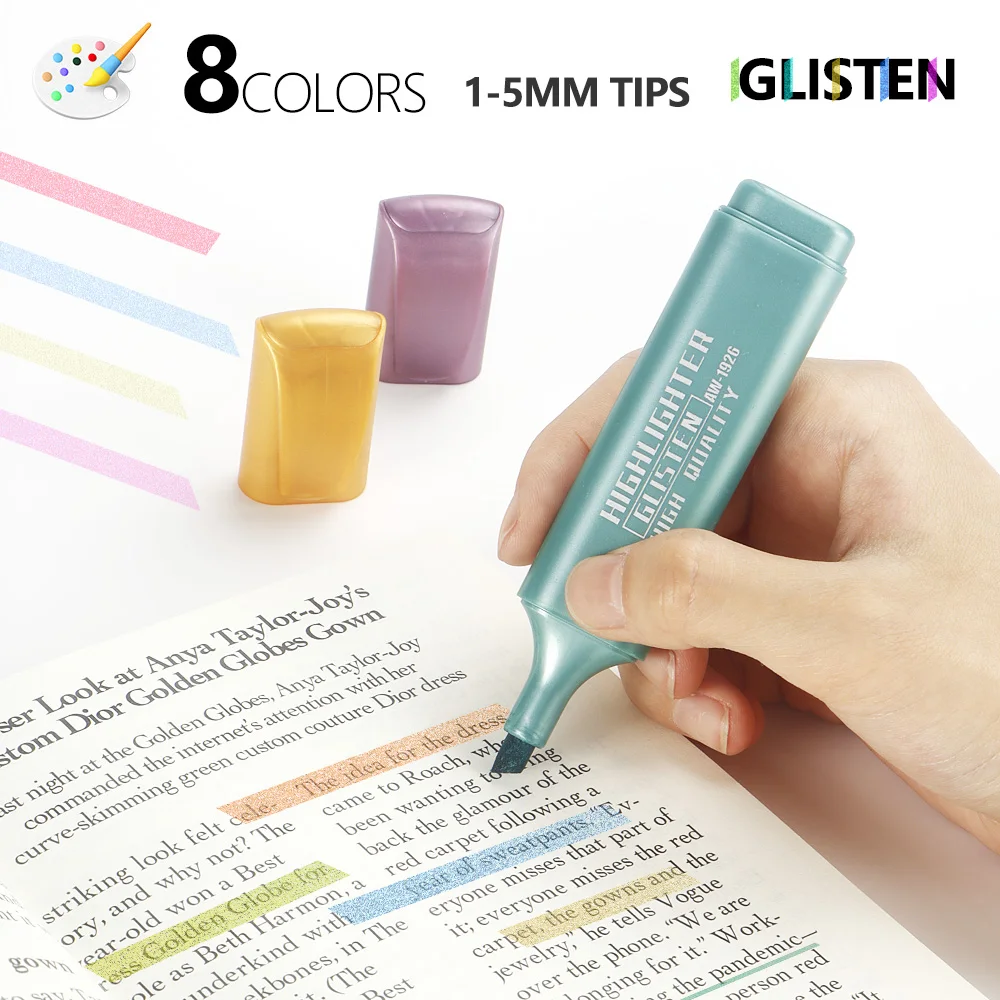 8 ألوان معدنية قلم فلورسنت عالي السعة للرسم وتدوين الملاحظات والقرطاسية المكتبية واللوازم المدرسية الفنية.