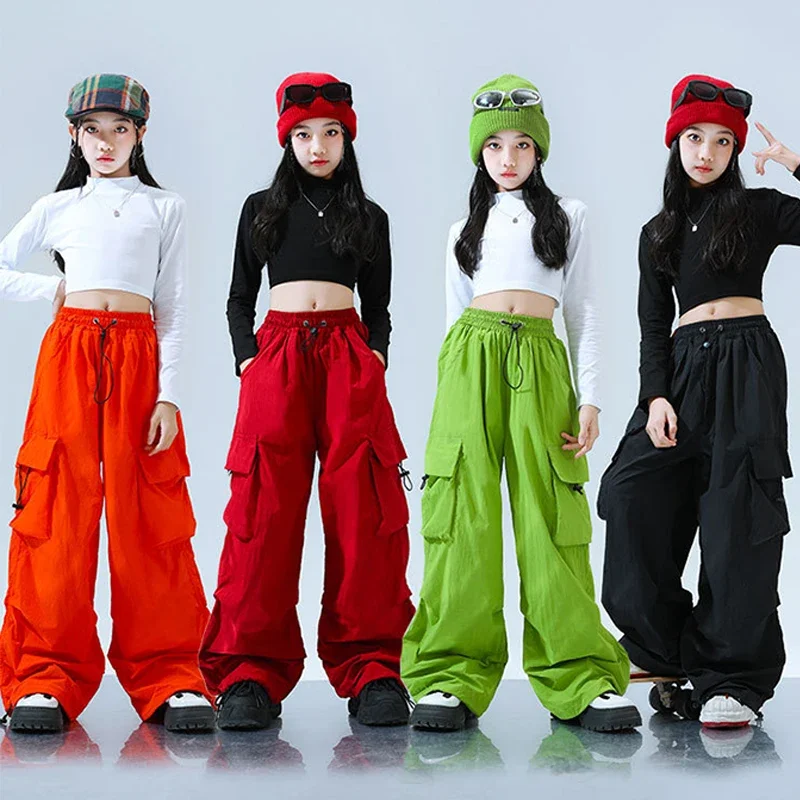 

Children Street Dance Costume Girls Jazz Modern Dancewear Kids Hip Hop Clothing Crop Top Cargo Pants Black Red Orange Green