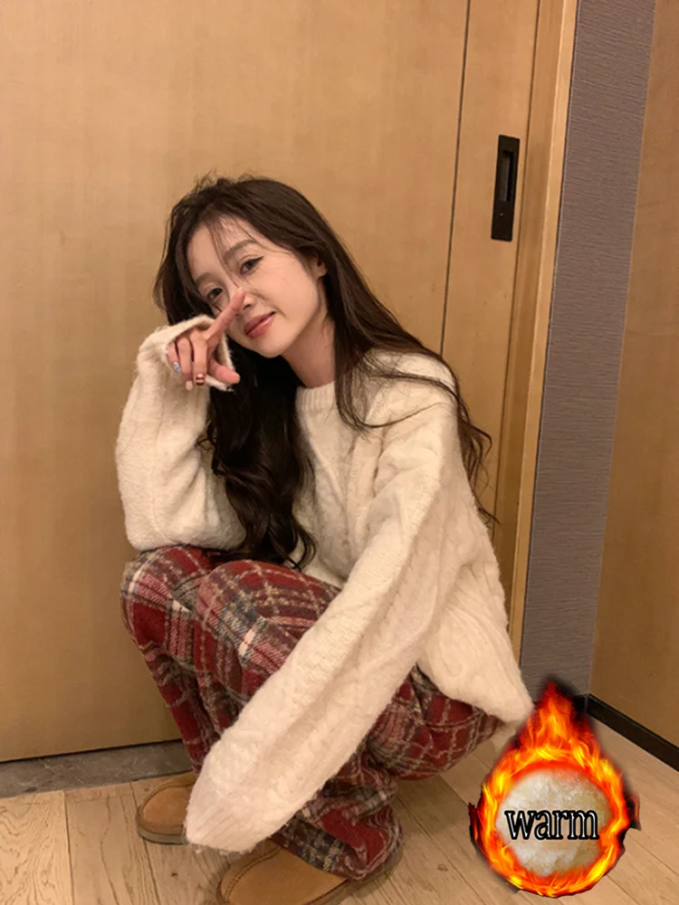 المرأة الخريف والشتاء الصوف الثقيل منقوشة السراويل نمط جديد الصوف مبطن سميكة عارضة الرياضة مستقيم الساق السراويل