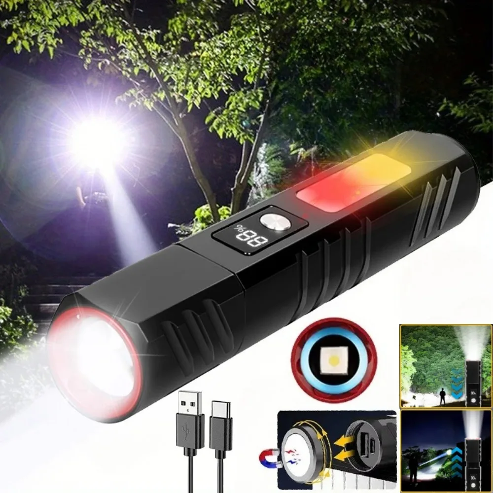 

Мощный светодиодный фонарик, перезаряжаемый тактический зум-фонарик, дисплей мощности, аварийный телескопический зум, водонепроницаемый рабочий фонарь COB