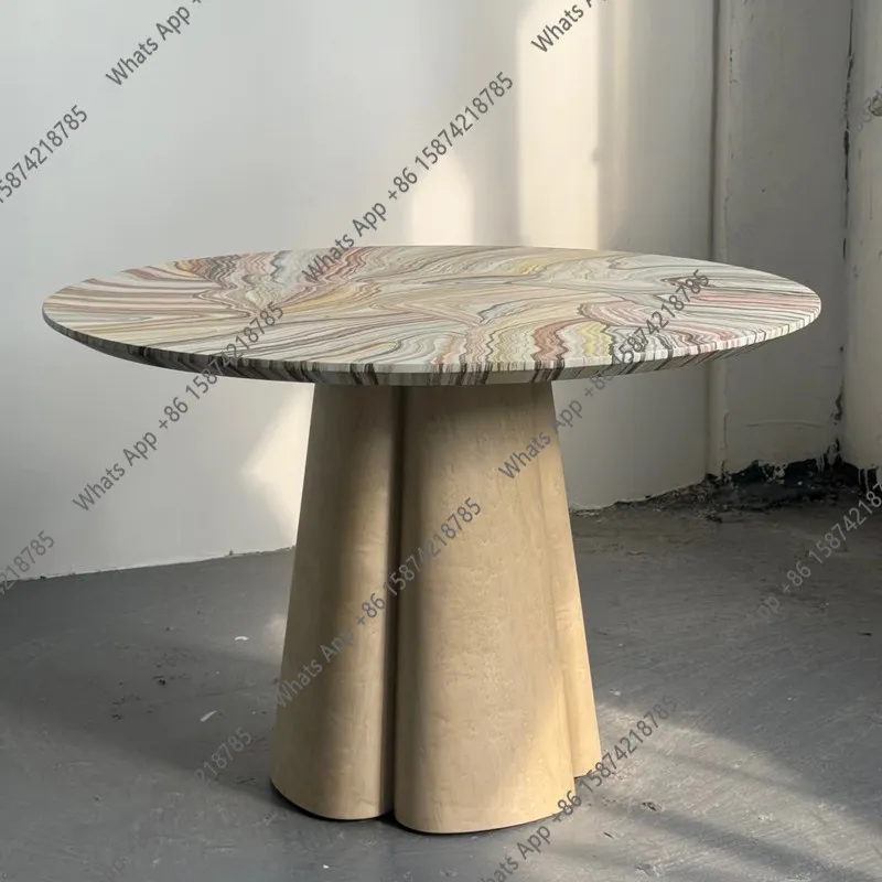 

Medieval style designer solid wood painting dining table household retro personalized painting round table high-end art table