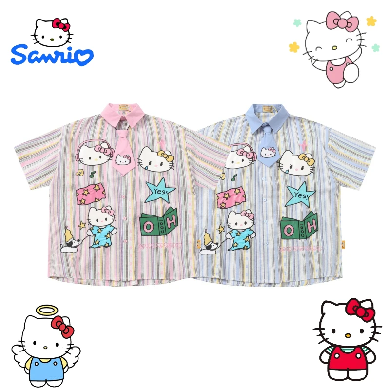 

Sanrio Hello Kitty cartoon cute short sleeved shirt creative Kawaii girls summer lightweight breathable loose top gift wholesale