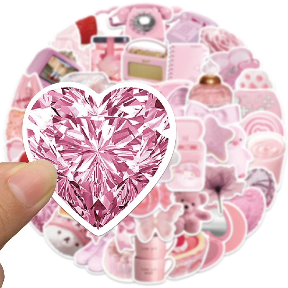 50Pcs Beautiful Kawaii korean Pink Heart Bear Stickers Decorative Luggage Notebook Waterproof Non-repeat Shiny Girl Stickers Toy