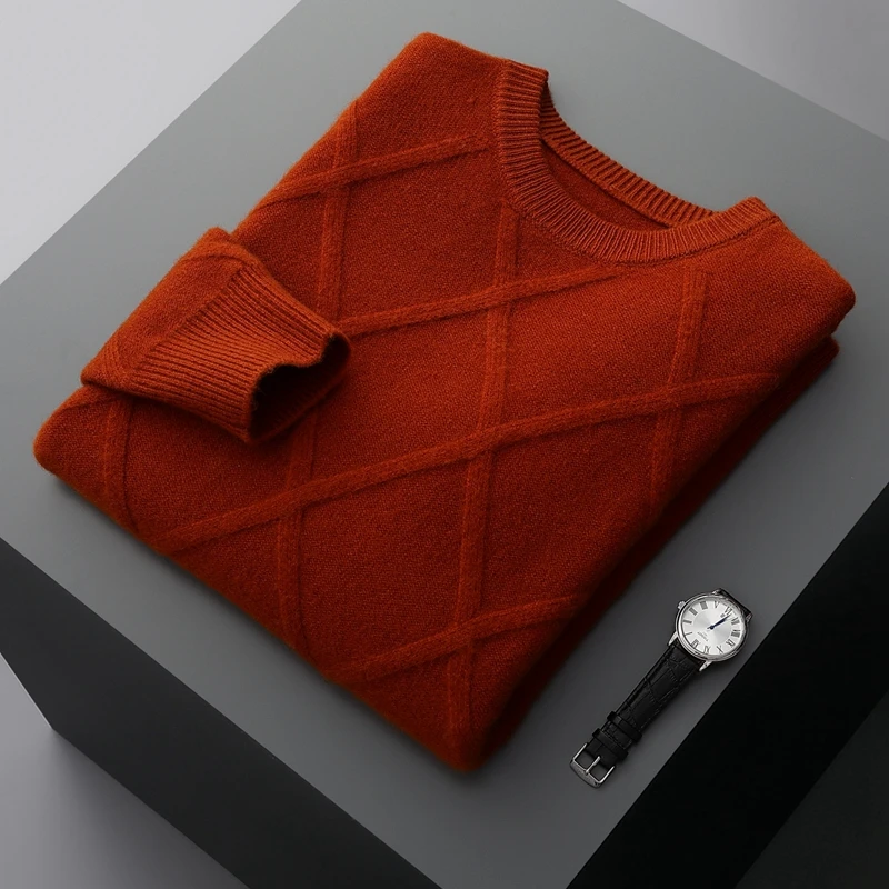 Autumn and winter new 100% pure wool men's O-neck thick diamond loose knit sweater cashmere bottoming shirt.