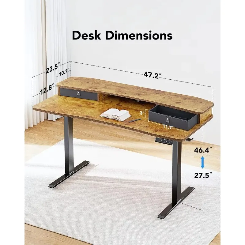 48″ x 24″ Electric Standing Desk with 2 Drawers, Height Adjustable Computer Desk, with 4 Preset Heights & 2 Hooks, Vintage Brown