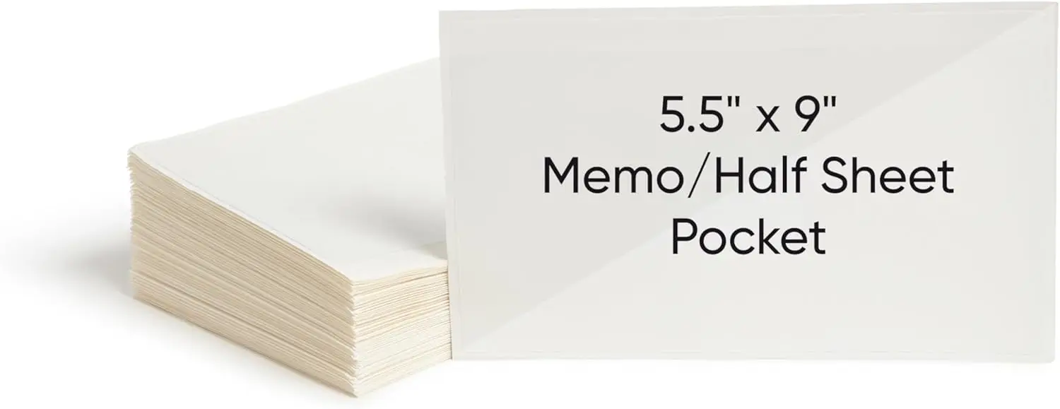 

Clear Self-Adhesive Document Pockets, 100 per Box, Size 9x5.56 Inches, Tear-Resistant for Organizing Files and Presentations