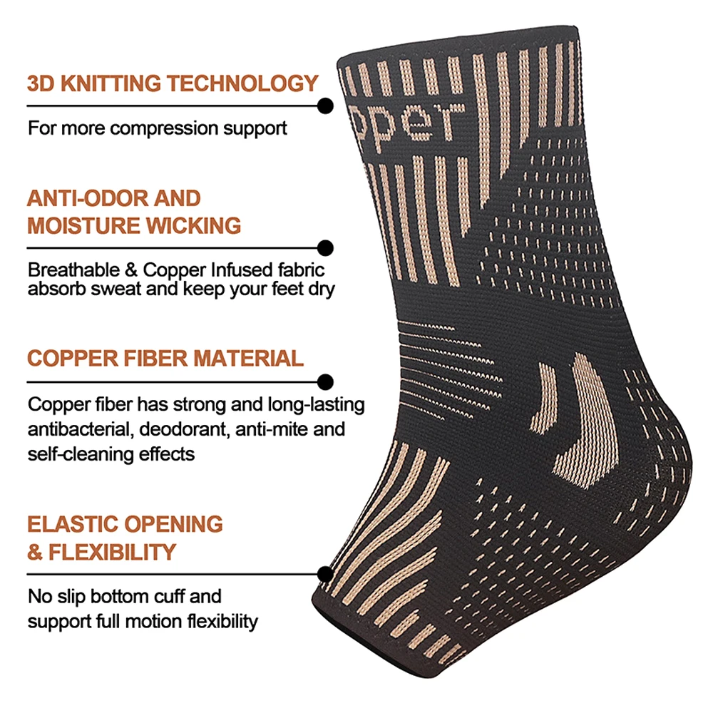 1Pcs Copper Ankle Brace Infused Compression Sleeve Support for Plantar Fasciitis, Sprained Ankle, Pain Relief, Running