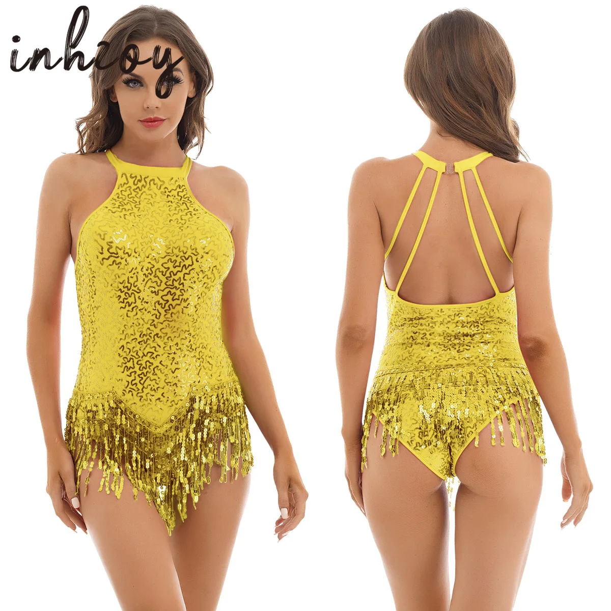 Women Fringed Latin Dance Leotard Bodysuits Tassel Sparkle Sequins Backless Ballroom Performance Competition Jumpsuits Dancewear