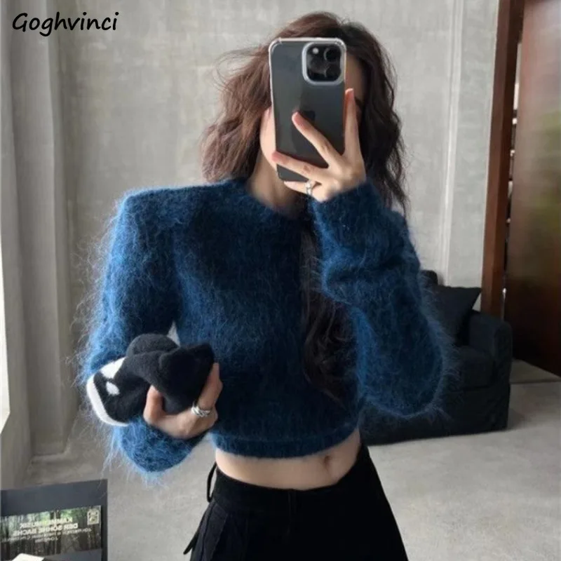 

Pullovers Women Fluffy Autumn Winter Long Sleeve Knitted Cropped Tops Solid Color Keep Warm Slim All-match Vintage O-neck Casual