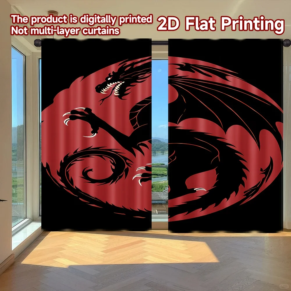 

2D flat printing 2pcs Curtains Red Dragon Silhouette Digital Printed Polyester Drapes Party Decorations for Holiday Home Decor &