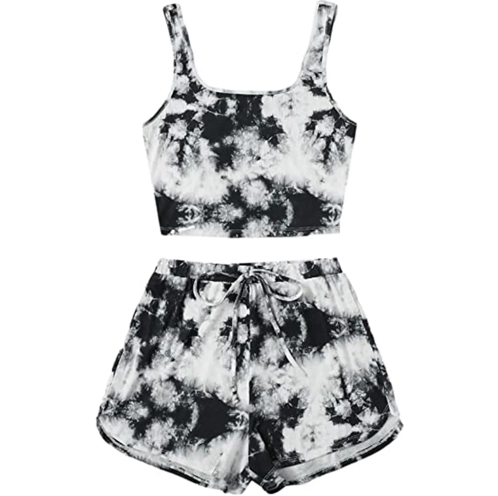 Women's Fashion Shorts Suit  Tie-Dye Printing Two Piece Outfits Sleeveless Casual Cami Top And  Set Шорты Женский