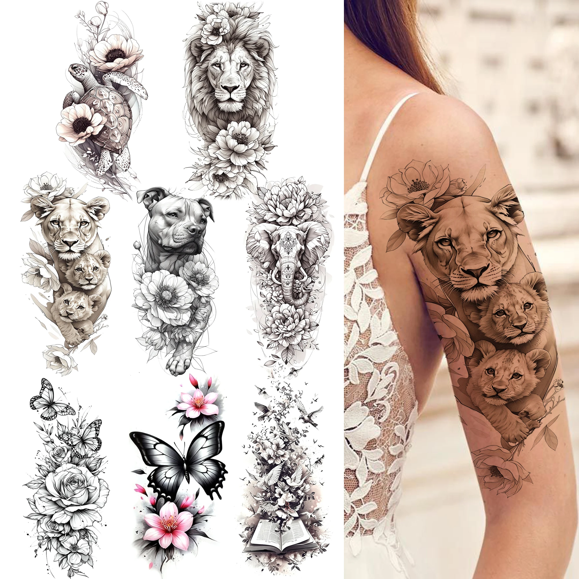 

1 Sheet Leopard Flower Butterfly Elephant Dog Temporary Tattoos For Women Girls Lion Magic Book Fake Tattoo Sleeve Waterproof