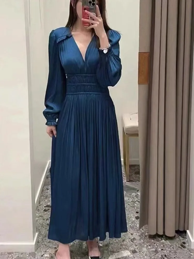 UCXQ Vintage Long Dress Fairy Style V-neck Pleated Waist Bubble Sleeves Office Lady Elegant Dresses Women 2024 Spring Summer 979